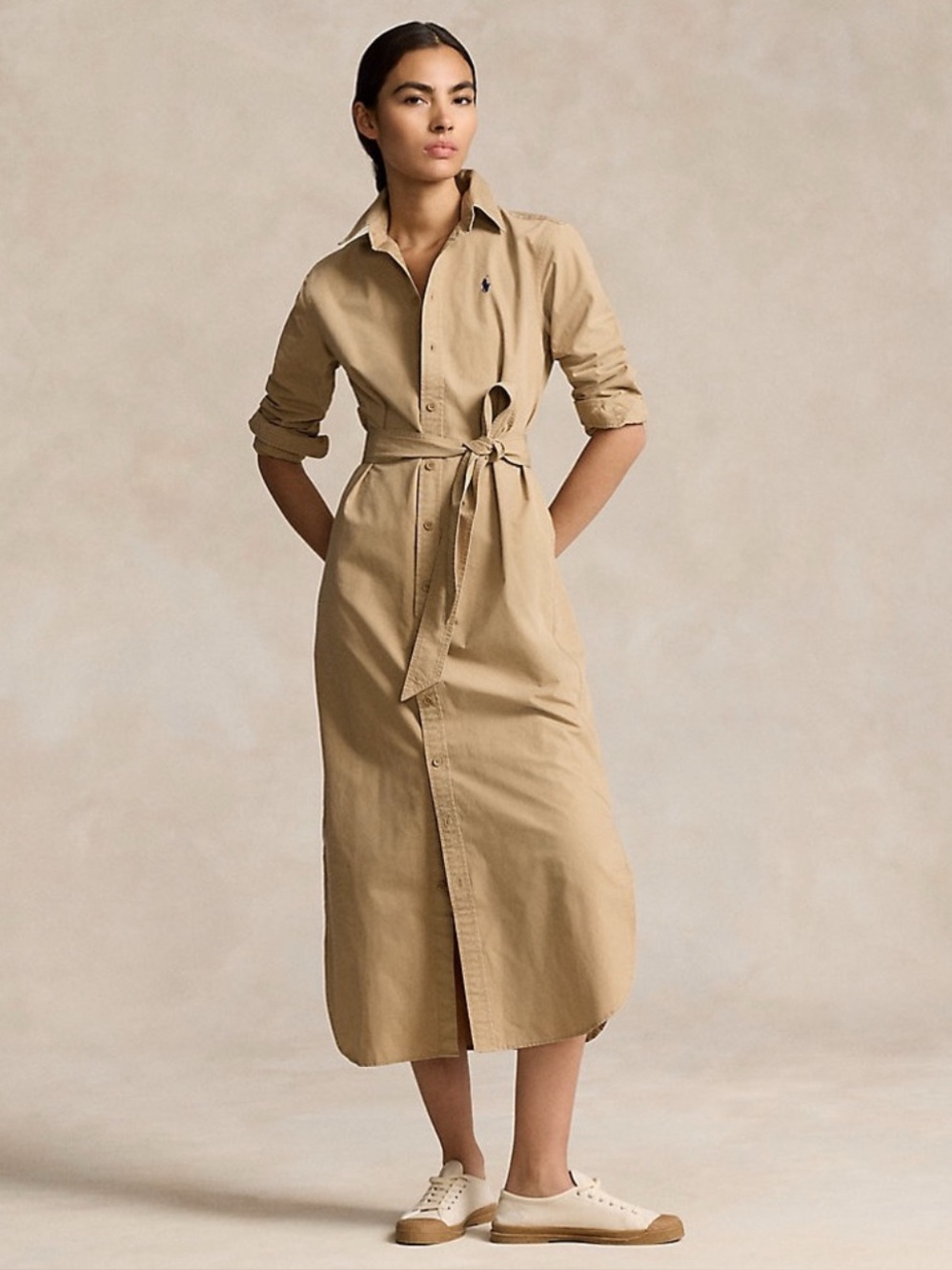 Ralph Lauren Tan Khaki Shirt Midi Dress with Tie Waist